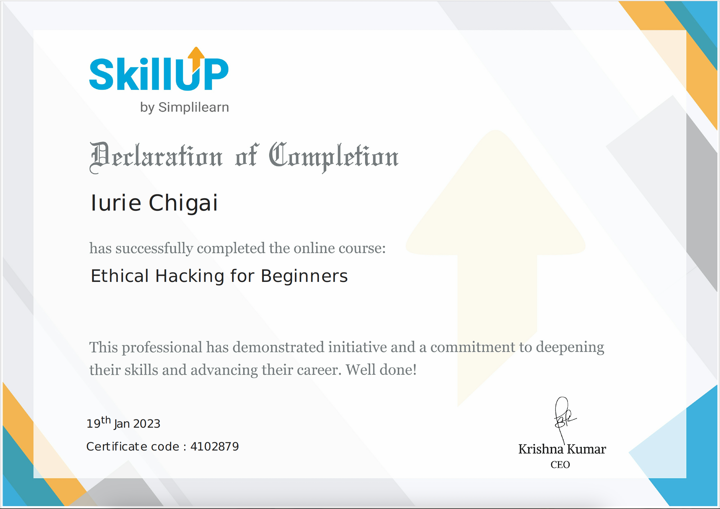 Certificate of complition Ethical hacking, issue by Simplilearn